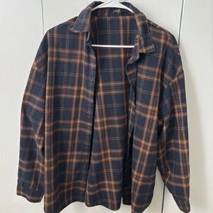 SHEIN navy blue and brown/orange plaid button-up flannel